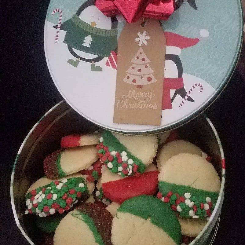 Dipped Christmas Sugars Cookies in Tin