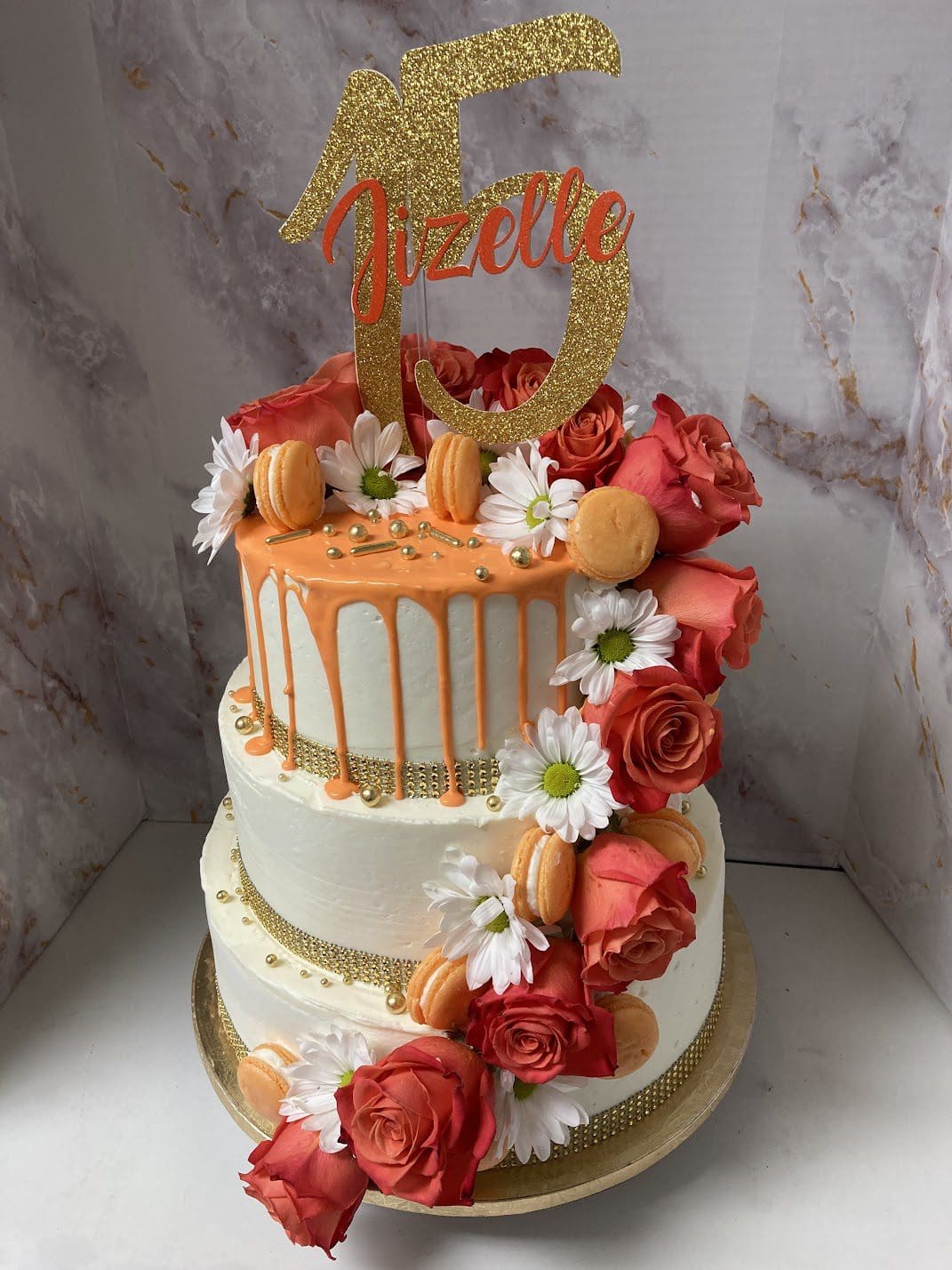 Jizelles Orange and Gold Quinceanera Cake
