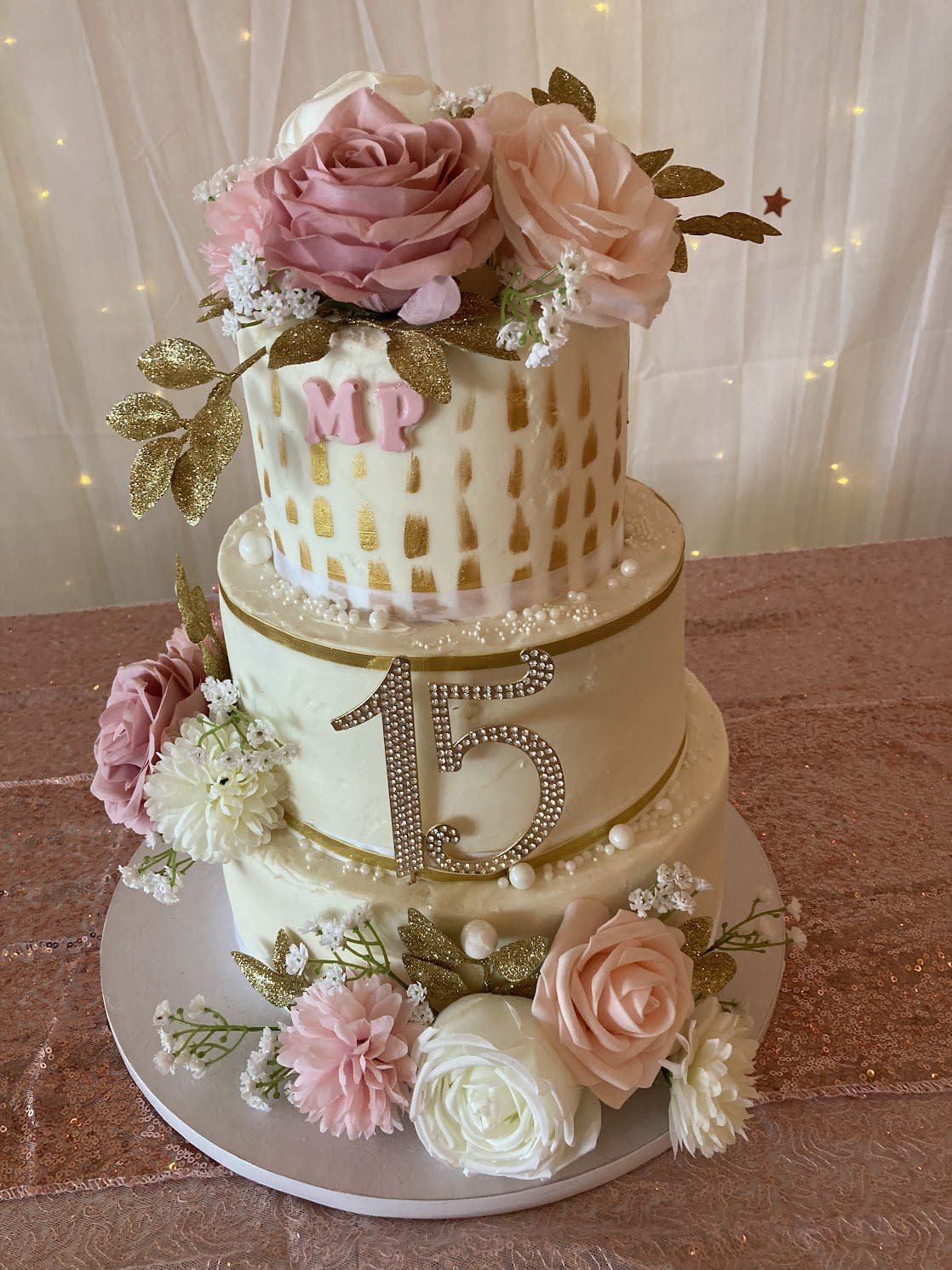 Annettes 3 tier Pink and Gold Quinceanera Cake