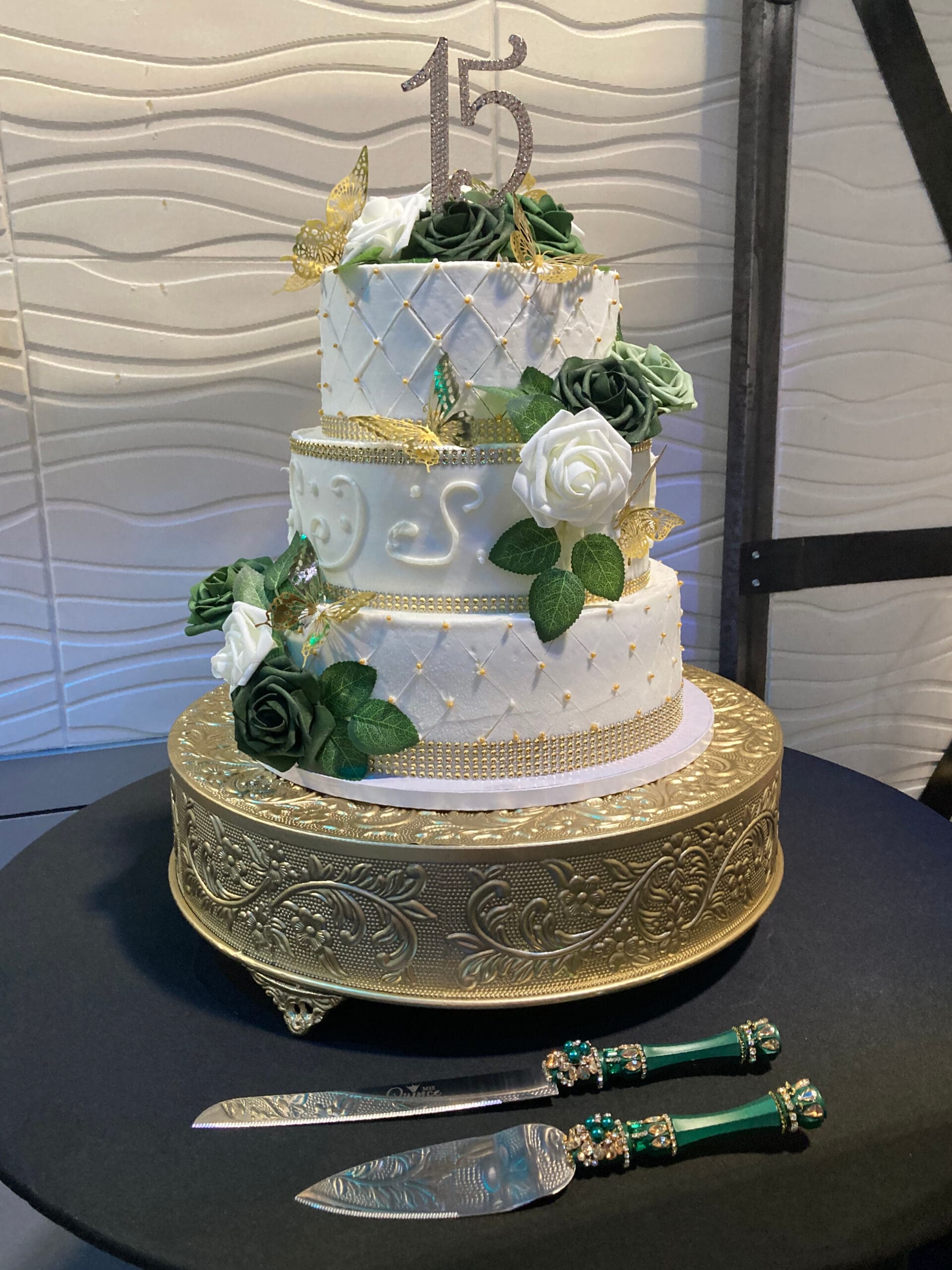 3 Tier Green Roses w_ Gold Bling Quinceanera