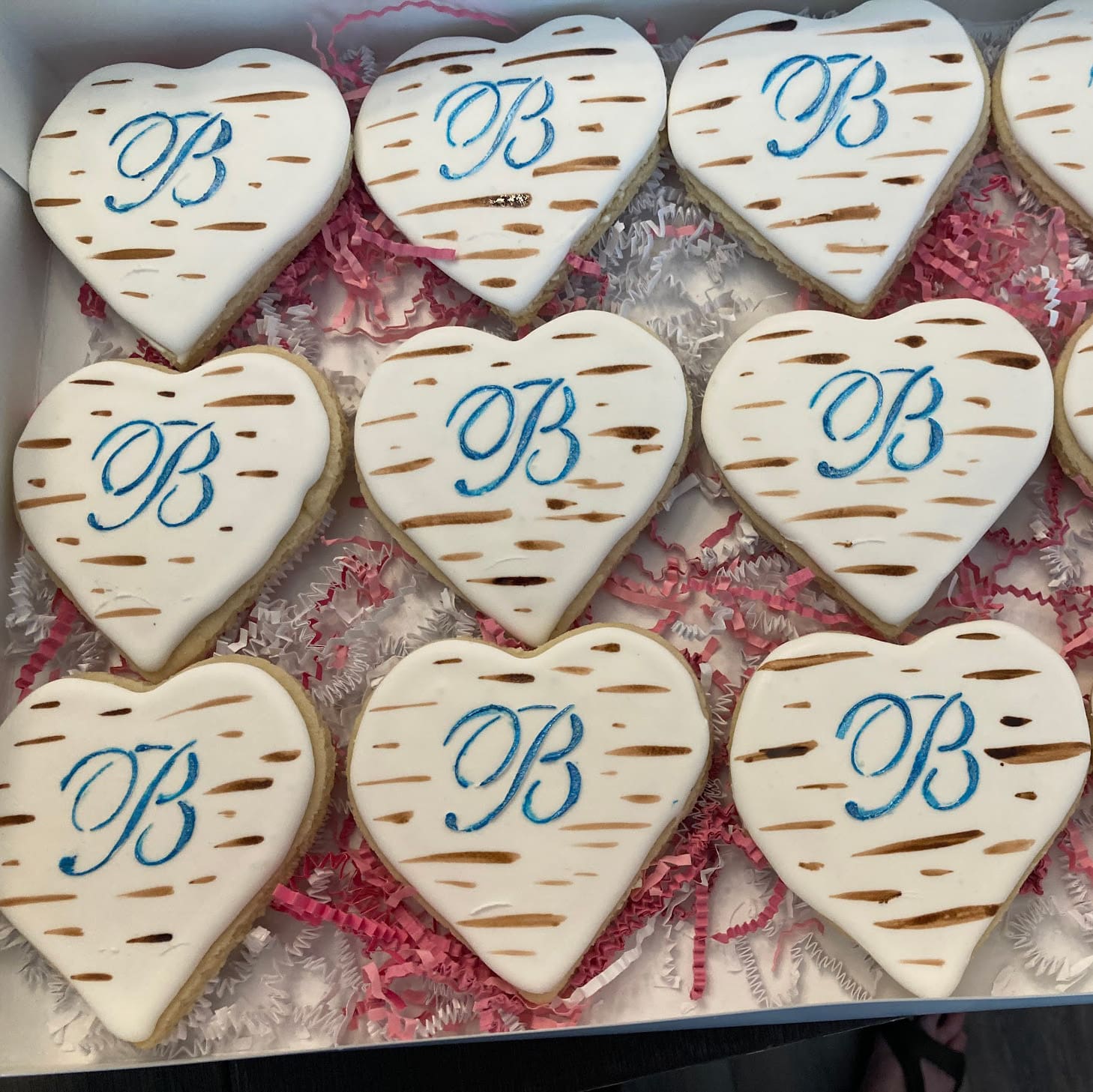 Annettes Mongramed Birch Bark Heart Wedding Cookies