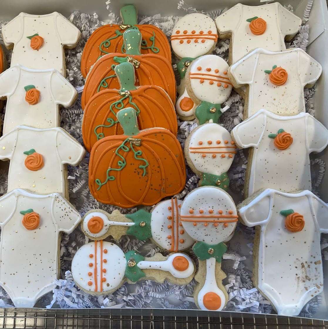 TMC Lil Pumpkin RI Baby Shower Cookies -White and orange Pumpkins, Rattles, OnsiesSQ TMC-Lil-Pumpkin-RI-Baby-Shower-Cookies-White-and-orange-Pumpkins-Rattles-Onsie