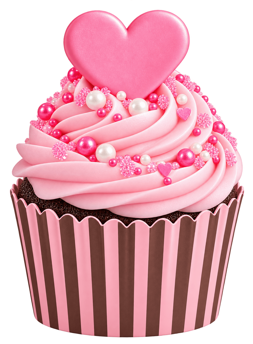 Pink heart cupcake graphic with blush frosting, sprinkles, and a pink-and-brown striped baking cup