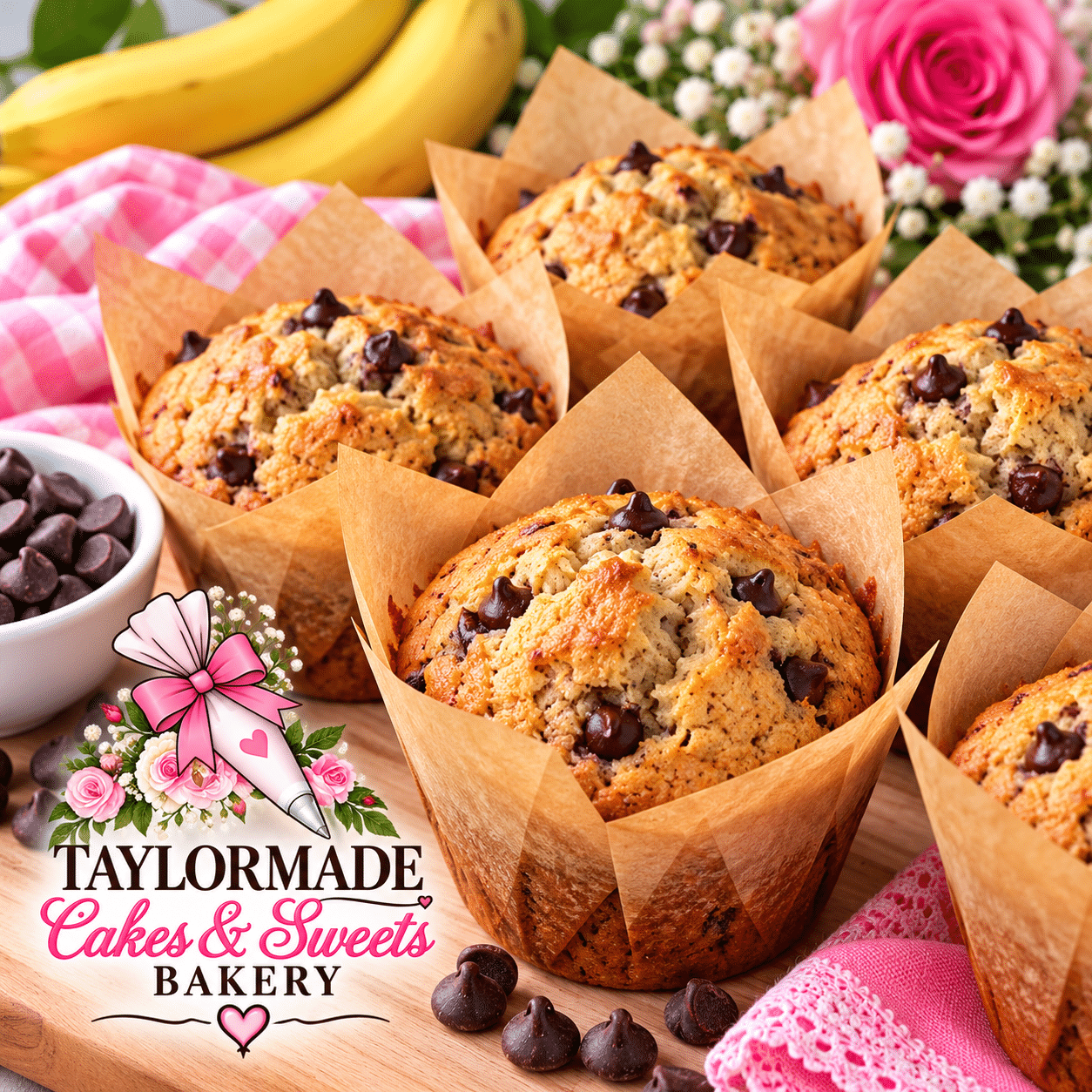 Golden banana chocolate chip muffins in parchment tulip liners with bananas, chocolate chips and pink floral accents.