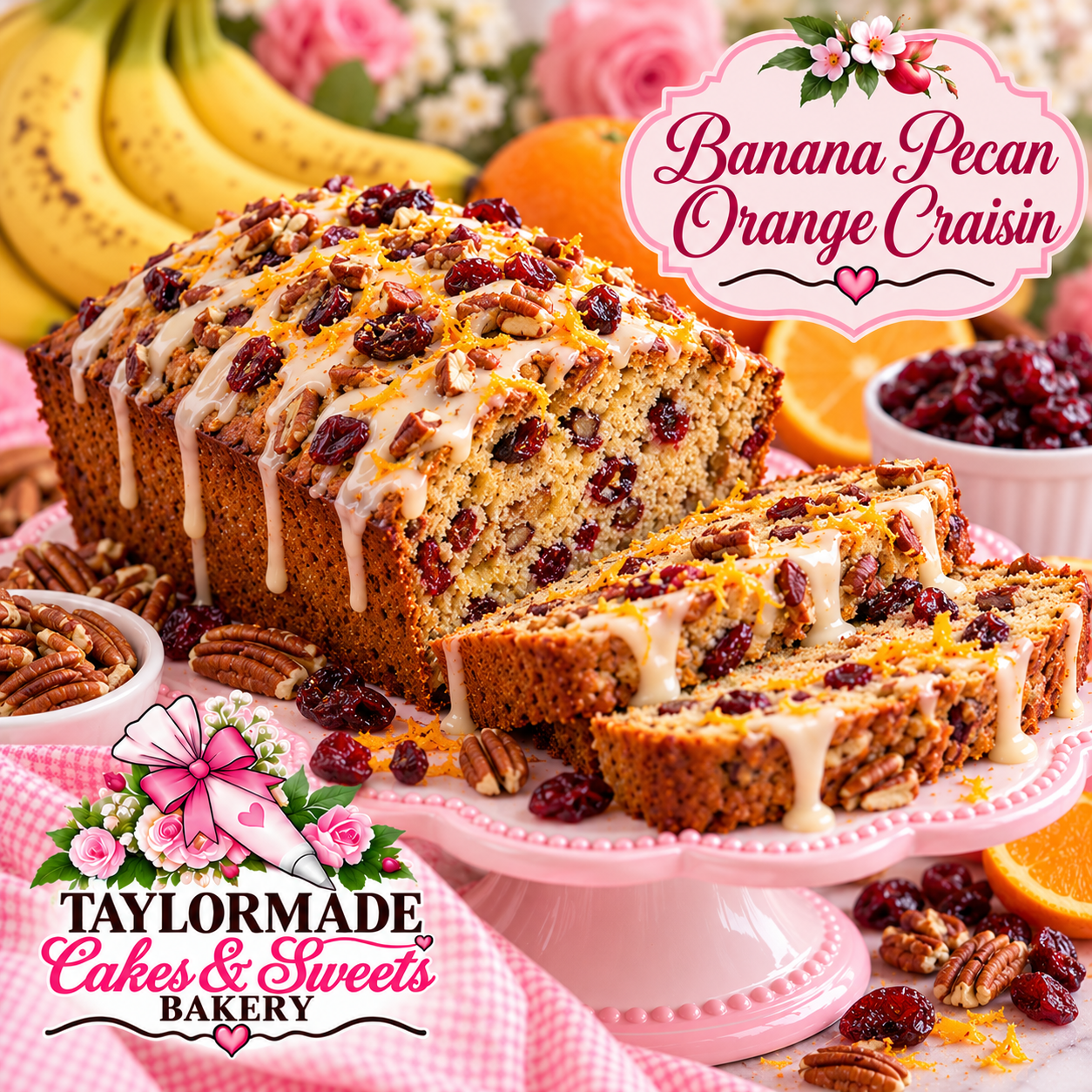 Banana Pecan Orange Craisin Sweet Bread | TaylorMade Cakes & Sweets Bakery Banana Pecan Orange Craisin sweet bread loaf by TaylorMade Cakes and Sweets Bakery