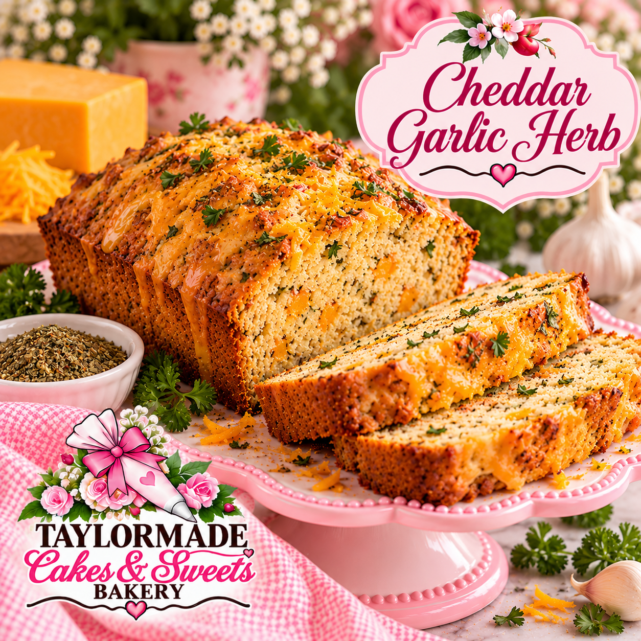 Cheddar Garlic Herb Sweet Bread | TaylorMade Cakes & Sweets Bakery Cheddar Garlic Herb sweet bread loaf by TaylorMade Cakes and Sweets Bakery