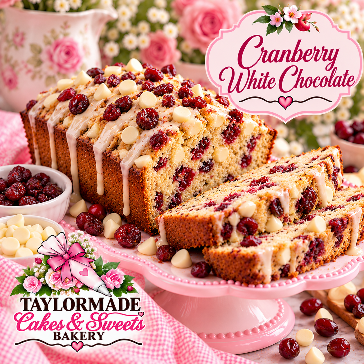 Cranberry White Chocolate Sweet Bread | TaylorMade Cakes & Sweets Bakery Cranberry White Chocolate sweet bread loaf by TaylorMade Cakes and Sweets Bakery