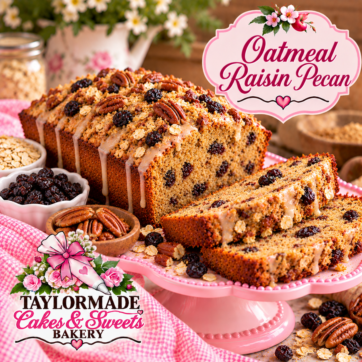 Oatmeal Raisin Pecan Sweet Bread | TaylorMade Cakes & Sweets Bakery Oatmeal Raisin Pecan sweet bread loaf from TaylorMade Cakes and Sweets Bakery