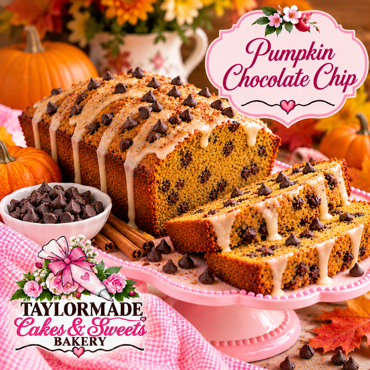 Pumpkin Chocolate Chip Sweet Bread | TaylorMade Cakes & Sweets Bakery Pumpkin Chocolate Chip sweet bread loaf from TaylorMade Cakes and Sweets Bakery