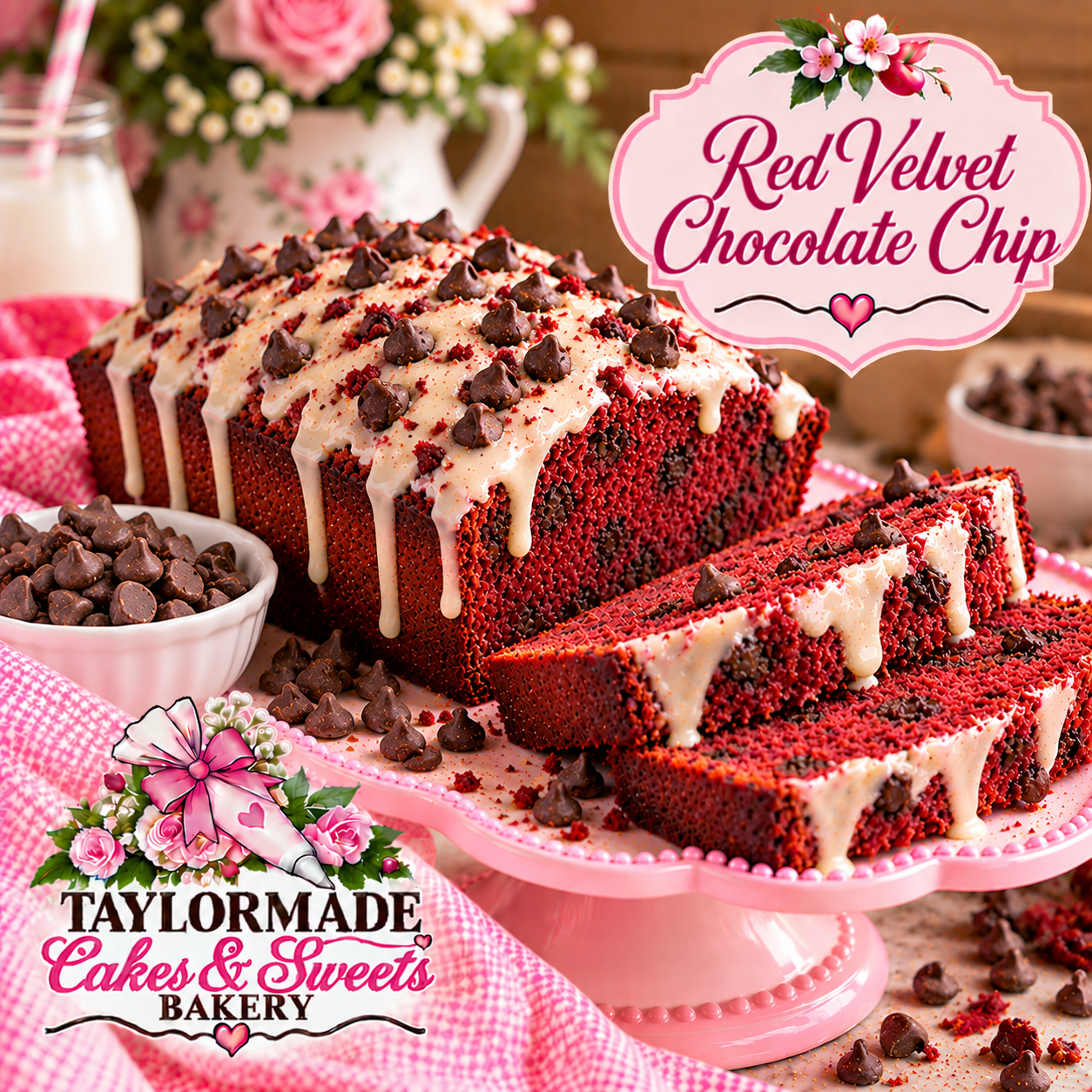 Red Velvet Chocolate Chip Sweet Bread | TaylorMade Cakes & Sweets Bakery Red Velvet Chocolate Chip sweet bread loaf from TaylorMade Cakes and Sweets Bakery