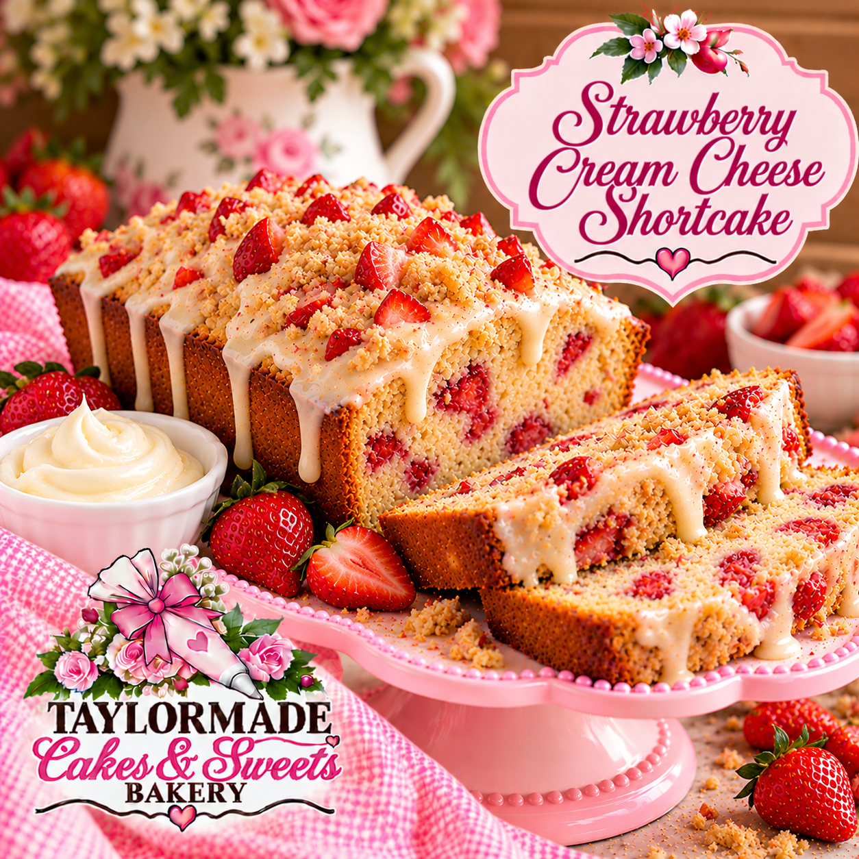 Strawberry Cream Cheese Shortcake Sweet Bread | TaylorMade Cakes & Sweets Bakery Strawberry Cream Cheese Shortcake sweet bread loaf from TaylorMade Cakes and Sweets Bakery