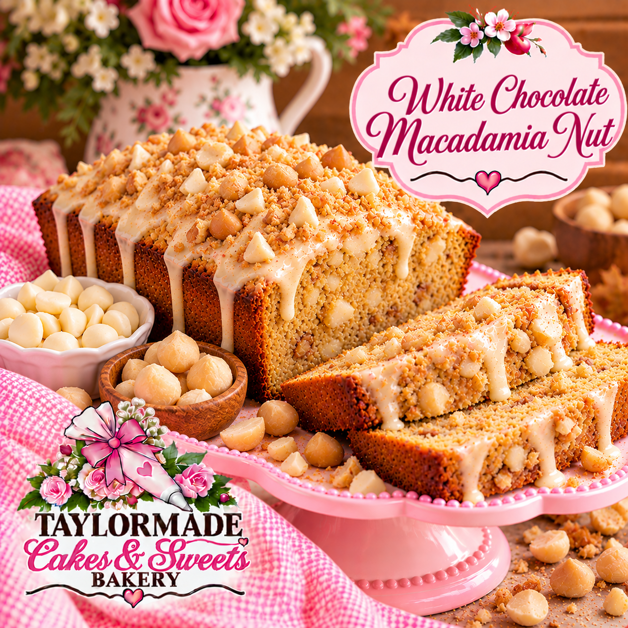White Chocolate Macadamia Nut Sweet Bread | TaylorMade Cakes & Sweets Bakery White Chocolate Macadamia Nut sweet bread loaf from TaylorMade Cakes and Sweets Bakery