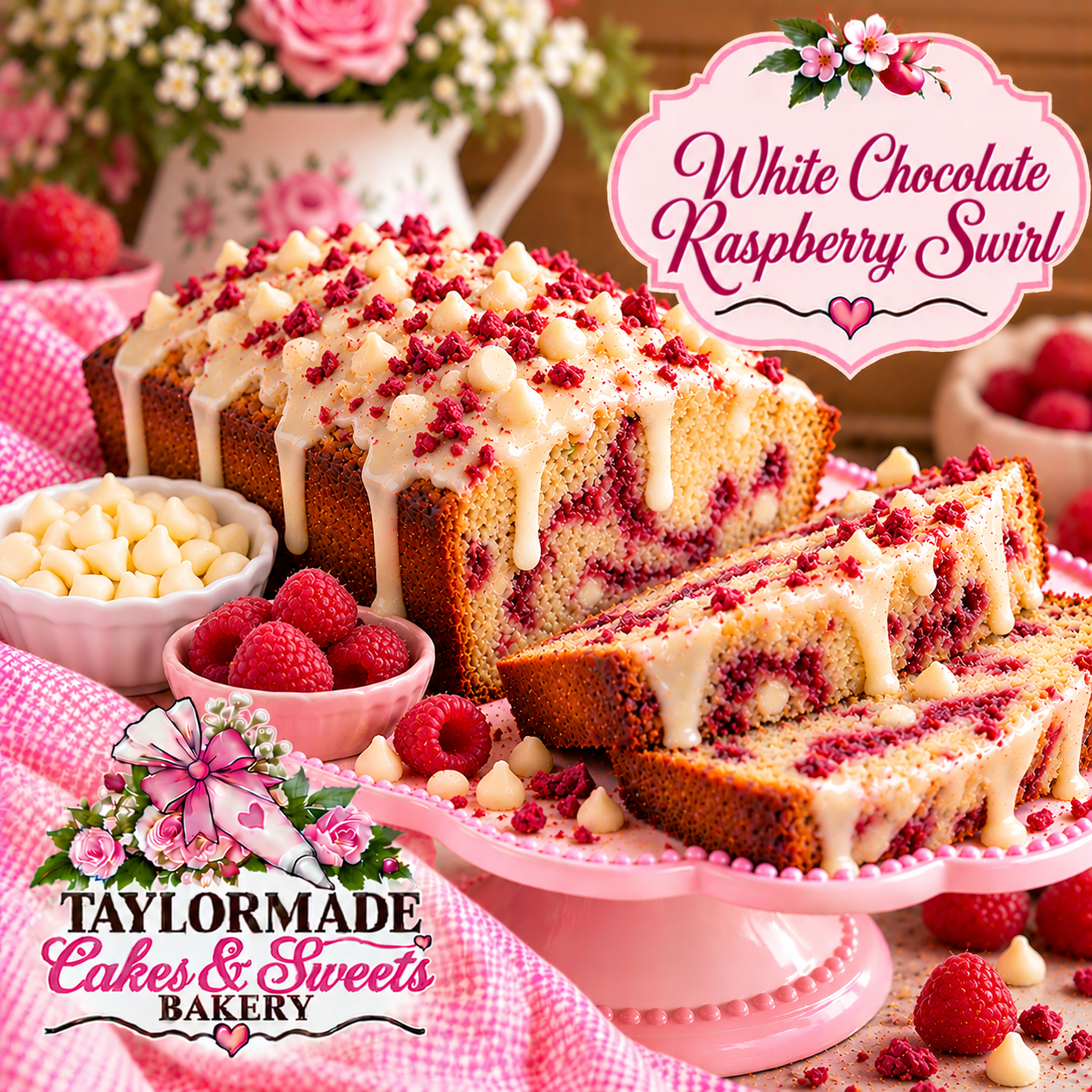 White Chocolate Raspberry Swirl Sweet Bread | TaylorMade Cakes & Sweets Bakery White Chocolate Raspberry Swirl sweet bread loaf from TaylorMade Cakes and Sweets Bakery