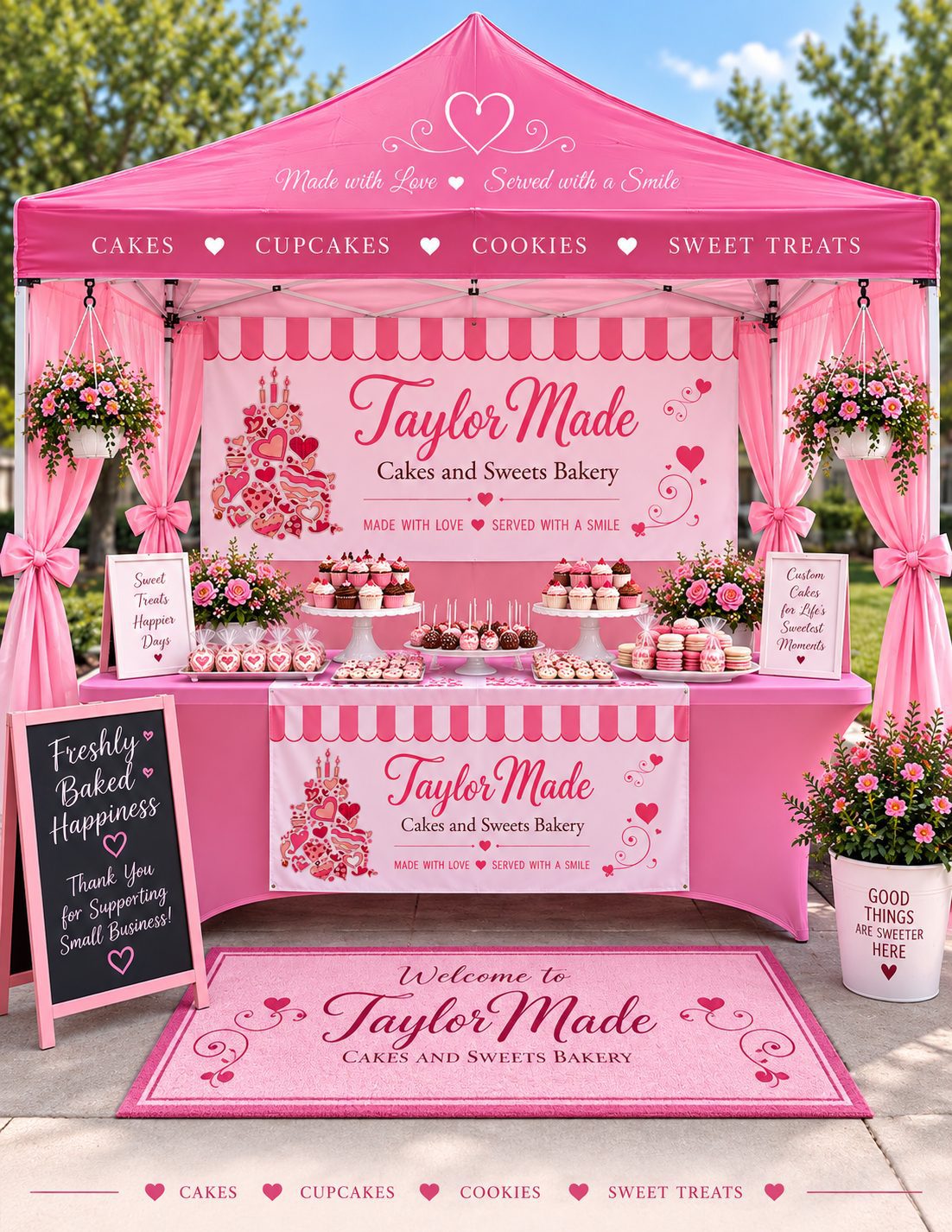 Pink TaylorMade Cakes bakery pop-up tent with draped curtains, bows, floral baskets, dessert display tables and a chalkboard sign.