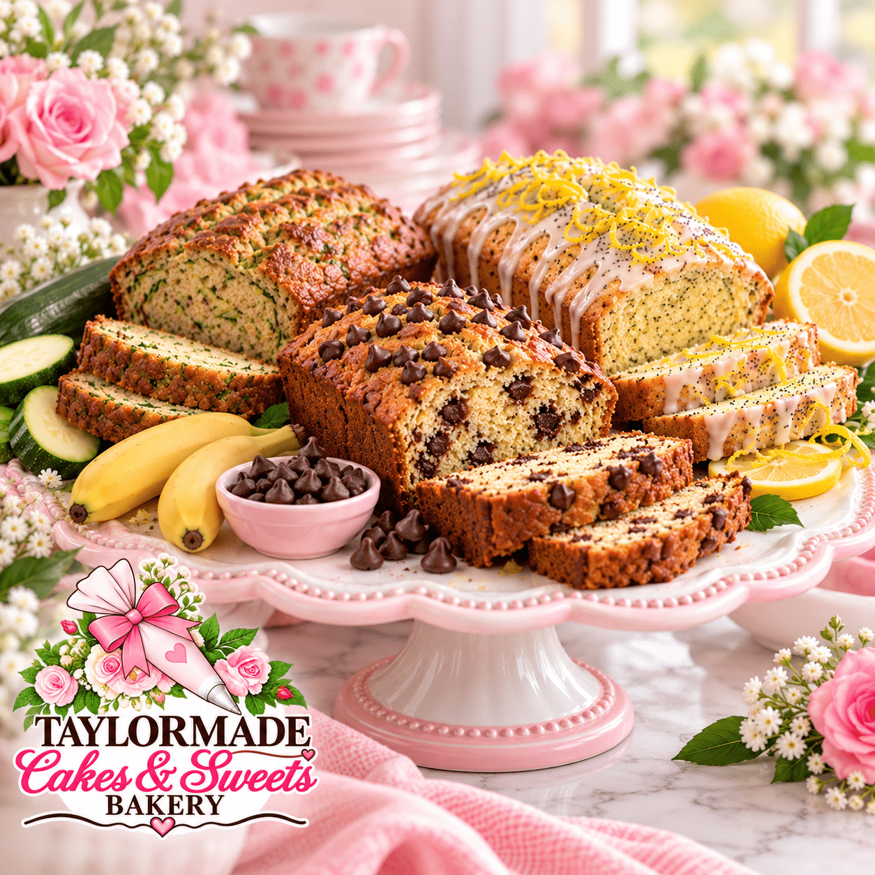 Freshly baked banana chocolate chip, lemon poppy seed, and zucchini sweet bread loaves on a pink cake stand at TaylorMade Cakes & Sweets Bakery.