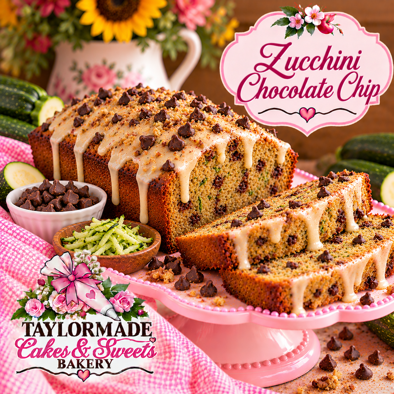 Zucchini Chocolate Chip Sweet Bread | TaylorMade Cakes & Sweets Bakery Zucchini chocolate chip sweet bread loaf from TaylorMade Cakes and Sweets Bakery